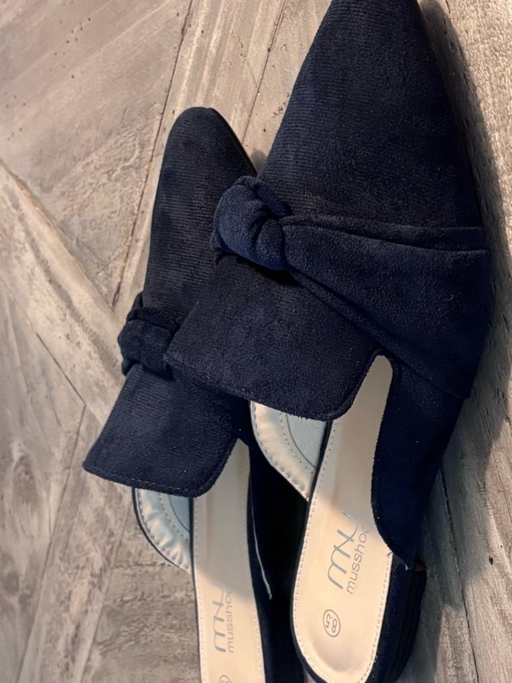 Navy Pointed Toe Knot Slip-On Mules - Picture 2 of 4
